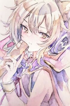 Rule 34 | 1girl, absurdres, bare shoulders, blonde hair, cape, closed mouth, commentary, earmuffs, earphones, expressionless, hair between eyes, highres, holding, kamu kotan, looking at viewer, medium hair, painting (medium), pointy hair, purple cape, ritual baton, shirt, sleeveless, sleeveless shirt, solo, touhou, toyosatomimi no miko, traditional media, watercolor (medium), white shirt, yellow eyes