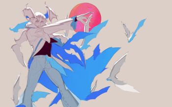 1boy bat bat_wings castlevania:_aria_of_sorrow castlevania_(series) coat denim fur_collar harsh-mallowz head_wings highres moon pants red_eyes red_moon soma_cruz white_coat white_hair wings