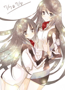 Rule 34 | 2girls, birthday, black hair, blush, cropped jacket, dated, finger marks, frown, grey eyes, holding hands, jacket, long hair, long sleeves, looking at viewer, minashiro orihime, multiple girls, ootani mikoto, sidelocks, simple background, skirt, smile, soukyuu no fafner, tatekami seri, uniform, white background