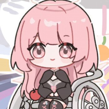 1girl animated animated_gif apple arknights black_dress black_jacket blush boots chibi chibi_only clapping detached_wings dress energy_wings food fruit halo jacket lace-up_boots lemuen_(arknights) lowres pink_eyes pink_hair smile solo thigh_boots traditional_halo wheelchair wings xiguadudepaozhi