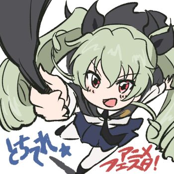 ! 1girl anchovy_(girls_und_panzer) anzio_school_uniform artist_request bent_over breasts brown_eyes drill_hair girls_und_panzer green_hair hair_ribbon highres long_hair looking_at_viewer open_mouth pantyhose pointer ribbon school_uniform simple_background smile solo translation_request twin_drills twintails white_pantyhose wide_hips