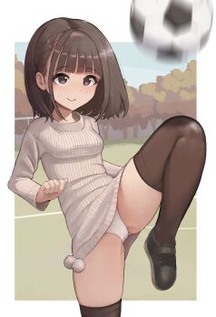1girl absurdres ball black_shoes black_thighhighs border brown_eyes brown_hair closed_mouth commentary_request crotch_seam day dress foot_out_of_frame grey_sweater highres leg_up long_sleeves medium_hair microdress motion_blur original outdoors outside_border panties pantyshot ribbed_dress shoes smile soccer_ball solo standing standing_on_one_leg susu_(ysy) sweat sweater sweater_dress thighhighs underwear white_border white_panties