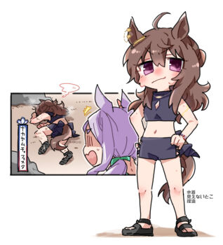 2girls ^^^ ahoge animal_ears bare_arms bare_shoulders beer_hsk bikini black_bikini black_sandals blush bow brown_hair chibi closed_mouth commentary_request green_bow hair_between_eyes hair_bow hands_on_own_hips horse_ears horse_girl horse_tail long_hair low_twintails mejiro_mcqueen_(ripple_fairlady)_(umamusume) mejiro_mcqueen_(umamusume) meme multiple_girls nakayama_festa_(entrust_myself_to_the_dice)_(umamusume) nakayama_festa_(umamusume) navel open_mouth purple_eyes purple_hair sandals shaded_face shoe_soles short_eyebrows smile sweat swimsuit tail thick_eyebrows translation_request twintails umamusume v-shaped_eyebrows wavy_mouth yamcha_pose_(meme)
