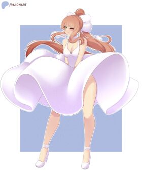 absurdres artist_name blush bow breasts brown_hair cosplay doki_doki_literature_club dress full_body high_heels highres long_hair long_legs marilyn_monroe marilyn_monroe_(cosplay) medium_breasts monika_(doki_doki_literature_club) one_eye_closed ponytail raion_(raionart) shoes thighs white_bow white_dress white_shoes wind wind_lift