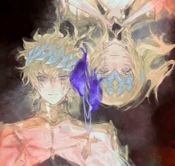 1boy 1girl blonde_hair blood blood_on_face blue_eyes brother_and_sister castor_(fate) commentary_request fate/grand_order fate_(series) headband highres looking_at_viewer pollux_(fate) red_background shirt short_hair siblings twins uda_(xax_057) upside-down