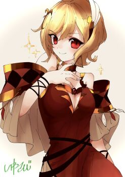 Rule 34 | 1girl, bare shoulders, blonde hair, breasts, citrinne (fire emblem), cleavage, closed mouth, commentary, dress, feather hair ornament, feathers, fire emblem, fire emblem engage, hair between eyes, hair ornament, highres, looking at viewer, nintendo, red eyes, short hair, smile, solo, studio sugimoto, symbol-only commentary, white background