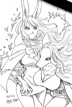 2girls alternate_form animal_ears bow bowtie breasts capelet carrot_(one_piece) closed_mouth cross-laced_clothes cross-laced_dress dated dress greyscale highres large_breasts long_hair looking_at_viewer monochrome multiple_girls one_piece rabbit_ears rabbit_girl sulong_form tagawa_jiro twitter_username wanda_(one_piece)