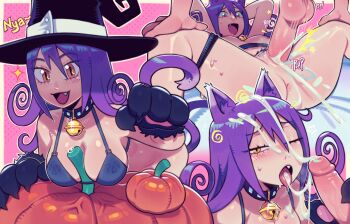 1girl animal_ears arms_behind_head ass bell bent_over blair_(soul_eater) blush bottomless bra breasts butt_crack cat_ears cat_girl cat_tail cleavage collar cum cum_in_mouth cum_in_pussy cum_on_body cum_on_hair curly_hair ejaculation english_text facial fang handjob hat large_breasts looking_at_penis looking_at_viewer lying medium_hair nipples nude object_between_breasts on_back one_eye_closed penis pubic_hair pumpkin purple_hair pussy sex simple_background slit_pupils soul_eater speedoru spread_legs sweat tail testicles tongue tongue_out underwear witch_hat yellow_eyes