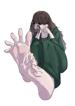 1girl absurdres barefoot blush brown_eyes brown_hair covering_own_mouth feet glasses hand_over_own_mouth highres long_hair looking_at_viewer mokuyounoma pen round_eyewear soles toes track_suit