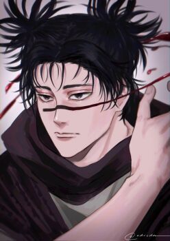 Rule 34 | 1boy, black eyes, black hair, blood, choso (jujutsu kaisen), closed mouth, commentary, expressionless, facial mark, hemokinesis, highres, jujutsu kaisen, male focus, ndsoda, short hair, short twintails, signature, simple background, solo, symbol-only commentary, twintails, twitter username, white background