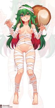 1girl bandaged_arm bandaged_chest bandaged_head bandaged_leg bandages barefoot blue_eyes blush breasts colored_inner_hair green_eyes green_hair heterochromia highres likunea long_hair looking_at_viewer multicolored_hair mummy_costume naked_bandage navel nude original patreon_logo patreon_username red_hair revealing_clothes simple_background small_breasts smile solo squirrel_girl squirrel_tail tail twitter_username twitter_x_logo watermelon_girl_(goldn) zoom_layer