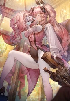1girl absurdres animal_ear_fluff animal_ears banachi black_bow black_gloves bow breasts coattails collared_shirt corset dress_shirt fate/grand_order fate_(series) fox_tail glasses gloves gun hair_between_eyes hair_bow high_heels highres koyanskaya_(assassin)_(second_ascension)_(fate) koyanskaya_(fate) large_breasts licking_lips long_hair long_sleeves looking_at_viewer pantyhose pink_hair rabbit_ears rifle shirt sidelocks smile solo tail thighs tongue tongue_out twintails underbust weapon white_pantyhose white_shirt yellow_eyes