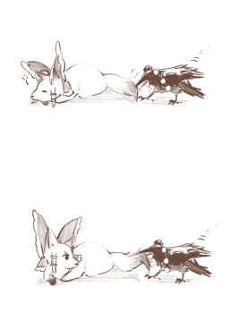 aihara-rina animalization bird bow chinese_commentary commentary_request crow fox frilled_bow frilled_hair_tubes frills hair_bow hair_tubes hakurei_reimu hakurei_reimu_(fox) hat highres monochrome no_humans pom_pom_(clothes) shameimaru_aya shameimaru_aya_(crow) sleeping tokin_hat touhou