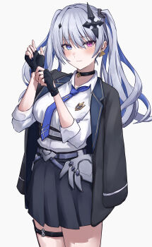 Rule 34 | 1girl, absurdres, ahoge, armored skirt, black choker, black gloves, black skirt, blue eyes, blue necktie, blush, breasts, chest harness, choker, collared shirt, cowboy shot, cross, cross-shaped pupils, cross hair ornament, earrings, fingerless gloves, gloves, grey hair, hair ornament, harness, heterochromia, highres, inverted cross, jacket, jewelry, large breasts, long hair, long sleeves, looking at viewer, namae (dkdkpkon75), necktie, neo-porte, open clothes, open jacket, pink eyes, pleated skirt, putting on gloves, shirt, skirt, sleeves rolled up, smile, solo, symbol-shaped pupils, tentei forte, tentei forte (2nd costume), thigh strap, triangle earrings, twintails, virtual youtuber, white background, white shirt