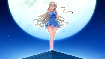 1girl ahoge bare_legs blonde_hair blue_dress blue_eyes bow braid breasts casual choker dress floating_hair full_moon game_cg genseishinki_sacred_virth hair_bow huge_moon long_hair looking_at_viewer medium_breasts moon night non-web_source official_art on_roof one_eye_closed outdoors outstretched_arm outstretched_hand panties pantyshot rooftop short_dress short_sleeves single_braid sky solo standing star_(sky) starry_sky tierna_aeride_throne underwear variant_set very_long_hair white_panties yuugure_pairo