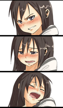 1girl angry black_eyes black_hair blush clenched_teeth closed_eyes drooling female_focus haigyo long_hair looking_at_viewer looking_down mind_control moaning open_mouth orgasm original portrait saliva sequential simple_background solo split_screen striped sweat tears teeth wavy_mouth white_background