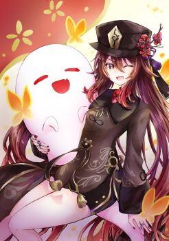 1girl :d black_hat black_nails black_shirt black_shorts boo_tao_(genshin_impact) brown_eyes brown_hair bug butterfly commentary_request double-parted_bangs feet_out_of_frame flower genshin_impact ghost hair_between_eyes hapaa hat hat_flower highres hu_tao_(genshin_impact) insect jewelry long_hair long_sleeves looking_at_viewer nail_polish one_eye_closed open_mouth red_flower ring shirt shorts sidelocks sitting smile sparkling_eyes speech_bubble