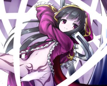 1girl black_hair body_markings breasts convenient_censoring death_alma emil_chronicle_online holding holding_scythe hood hooded_jacket hoodie jacket long_hair maou_mikage navel no_panties purple_eyes purple_hoodie scythe slashing small_breasts solo