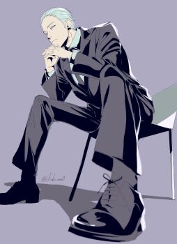 1boy aged_down alternate_costume aqua_hair aqua_shirt black_jacket black_necktie black_shoes black_socks black_suit bleach chair commentary_request formal_clothes from_below grey_eyes hair_slicked_back highres interlocked_fingers jacket lido_an0 looking_at_viewer male_focus necktie profile sasakibe_choujirou shirt shoes signature sitting socks solo suit twitter_username