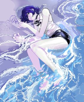 1girl beach black_ribbon black_shorts bravoida chainsaw_man closed_mouth green_eyes highres looking_at_viewer lying neck_ribbon ocean on_side purple_hair reze_(chainsaw_man) ribbon sand_writing shirt short_shorts shorts sleeveless sleeveless_shirt solo white_shirt