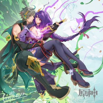 1boy 1girl abstract_background ahoge alhaitham_(genshin_impact) ancient_egyptian_clothes anklet artist_name bare_shoulders bite_mark bite_mark_on_breast black_tank_top blue_sky blunt_bangs boots braid breasts bridal_gauntlets capelet chinese_text cleavage cloud cloudy_sky collared_capelet couple day drawing_sword electricity floating floating_hair flower friends from_side full_body galthesun genshin_impact green_capelet green_eyes grey_hair hair_floating_upwards hair_flowing_over hair_ornament hair_ribbon head_tilt headpiece hetero hickey holding holding_sword holding_weapon hug hug_from_behind huge_ahoge huge_breasts human_scabbard japanese_clothes jewelry katana kimono leaning_back leaning_on_person long_braid long_hair looking_at_another looking_to_the_side mitsudomoe_(shape) mixed-language_commentary multicolored_hair muscular muscular_male musou_isshin_(genshin_impact) neck_ribbon off_shoulder outdoors pants parted_lips pink_lips powering_up purple_flower purple_kimono purple_ribbon purple_thighhighs raiden_shogun red_ribbon red_sash ribbon sash shade shirt short_hair signature single_braid sky sleeveless sleeveless_shirt streaked_hair sword sword_between_breasts tank_top teeth thighhighs thighs tomoe_(symbol) weapon