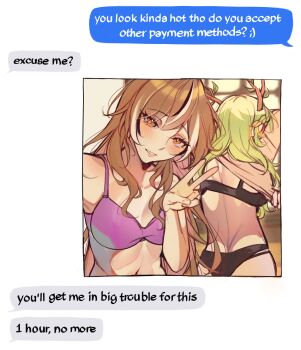 Rule 34 | 2girls, absurdres, amlichan, antlers, black bra, black panties, bra, breasts, brown eyes, brown hair, ceres fauna, commentary, english commentary, english text, fake screenshot, green hair, highres, hololive, hololive english, horns, medium breasts, multiple girls, nanashi mumei, open mouth, panties, pink bra, underwear, v, virtual youtuber, white streaks, yuri