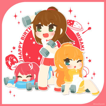 3girls amano_nozomi arm_up battle_girl_high_school blue_eyes blue_jacket border curry dumbbell exercising food green_eyes hasumi_urara highres jacket misaki_(battle_girl_high_school) motyomi multiple_girls open_mouth orange_hair pants pink_border red_pants red_shorts shorts sitting sparkle spoon sweat