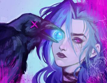 1girl arcane:_league_of_legends arcane_jinx beak bird black_choker black_lips blue_hair choker closed_mouth crow hair_between_eyes jinx_(league_of_legends) league_of_legends long_hair looking_at_viewer messy_hair one_eye_covered open_mouth pale_skin pink_eyes rimari_(rimri4mm) sketch upper_body x_eye