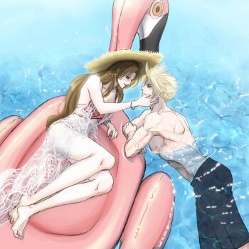 Rule 34 | 1boy, 1girl, aerith gainsborough, aerith gainsborough (sunny robe), bare shoulders, barefoot, bikini, black male swimwear, blonde hair, bracelet, brown hair, closed mouth, cloud strife, cloud strife (wild surf), couple, crossed arms, earrings, feet out of frame, final fantasy, final fantasy vii, final fantasy vii: ever crisis, final fantasy vii rebirth, final fantasy vii remake, full body, hand on another's cheek, hand on another's face, hat, hetero, inflatable flamingo, inflatable toy, jewelry, lace shawl, long hair, looking at another, male swimwear, muscular, muscular male, official alternate costume, parted bangs, parted lips, partially submerged, pink bikini, sharp teeth, short hair, sidelocks, single earring, smile, straw hat, swimsuit, teeth, topless male, ws alte