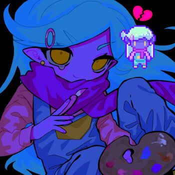 1boy black_background blue_overalls broken_heart closed_mouth colored_skin commentary ear_piercing green_hair hair_ornament hairclip heart highres holding holding_paint_palette kobanzame_omo long_hair long_sleeves looking_at_viewer male_focus omori overalls paint paint_palette paintbrush piercing pink_sweater pointy_ears purple_scarf purple_skin rococo_(omori) scarf simple_background smile solo sweater swept_bangs yellow_eyes