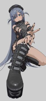 Rule 34 | 1girl, absurdres, arm warmers, belt boots, beret, black arm warmers, black boots, black hat, black nails, black shirt, blue hair, bone hair ornament, boots, commentary, ear piercing, grey background, hair ornament, hairclip, hat, highres, jewelry, knee boots, kudou doggo, long hair, looking at viewer, nail polish, piercing, platform boots, ring, shirt, simple background, skeleton print, sleeveless, sleeveless shirt, smile, solo, squatting, torn clothes, torn shirt, two side up, untranslatable commentary, v, virtual youtuber, vspo!, yano kuromu, yano kuromu (1st costume), yellow eyes