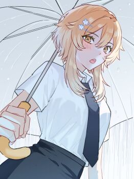 1girl alternate_costume arms_at_sides black_necktie black_skirt blonde_hair blush breasts clenched_hand collared_shirt colored_eyelashes contemporary cranberry11_207 fingernails flower from_below genshin_impact hair_between_eyes hair_flower hair_ornament hairclip highres holding holding_umbrella looking_at_viewer looking_down lumine_(genshin_impact) medium_breasts necktie open_mouth outdoors pov rain school_uniform shirt short_hair short_hair_with_long_locks short_sleeves sidelocks skirt solo teeth umbrella upper_body upper_teeth_only white_shirt white_sleeves white_umbrella yellow_eyes
