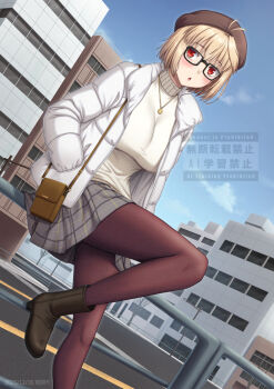 1girl :o ahoge alternate_costume arcueid_brunestud bag beret blonde_hair blush boots brown_boots brown_pantyhose building city commentary_request day glasses grey_jacket grey_skirt hair_between_eyes hair_intakes handbag hat jacket jewelry looking_to_the_side miniskirt miyaimax necklace open_clothes open_jacket pantyhose red_eyes short_hair skirt solo standing standing_on_one_leg sweater tsukihime tsukihime_(remake) turtleneck turtleneck_sweater walking white_sweater