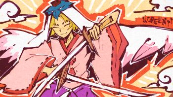 Rule 34 | 1boy, ^ ^, artist name, blonde hair, closed eyes, commentary, dual wielding, english commentary, holding, holding sword, holding weapon, japanese clothes, katana, male focus, noree, ookami (game), orange outline, outline, smile, solo, sword, upper body, ushiwakamaru (ookami), weapon, wide sleeves, yellow background