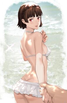 1boy 1girl :d ass atlus bare_arms bare_back bare_shoulders beach bikini blush braid breasts brown_hair butt_crack commentary crown_braid day english_commentary foreshortening frilled_bikini frills from_behind hand_on_own_chest highres holding_hands j@ck looking_at_viewer looking_back medium_breasts niijima_makoto open_mouth outdoors persona persona_5 pov red_eyes sega short_hair sideboob smile solo_focus sparkle swimsuit water white_bikini