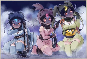 3girls :p absurdres animal_ears backpack bag bare_shoulders belt black_belt black_hair black_scarf black_socks blue_gloves blue_hair blue_kimono blue_thighhighs blush brown_footwear chain elbow_gloves extra_ears fanny_pack fishnet_top fishnets gloves glowing glowing_eyes grappling_hook green_gloves green_hair green_kimono green_thighhighs hair_between_eyes highres japanese_clothes kamaichi_(kemono_friends) kamaji_(kemono_friends) kamamitsu_(kemono_friends) kemono_friends kemono_friends_3 kimono matching_outfits multicolored_hair multiple_girls ninja obi open_mouth orange_eyes pink_gloves pink_hair pink_kimono pink_thighhighs sandals sash scarf scythe short_kimono sidelocks sleeveless smile socks squatting tail thighhighs tongue tongue_out toriny torn_clothes two-tone_kimono weasel_ears weasel_girl weasel_tail white_kimono