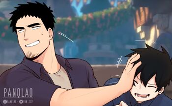 2boys black_hair collared_shirt facial_hair goatee hand_on_another's_head highres kazama_souta laughing male_focus mature_male multiple_boys muscular muscular_male notice_lines panqlao photo_background pushing_away scene_reference senpai_ga_uzai_kouhai_no_hanashi shirt short_hair signature smile smirk stubble sweatdrop takeda_harumi tangled thick_eyebrows