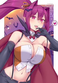 1girl bat_(animal) bat_hair_ornament blush breasts cape cleavage elbow_gloves facial_tattoo fangs gloves groin hair_ornament heart heart_tattoo highres large_breasts long_hair looking_at_viewer midriff navel open_fly ponytail purple_eyes purple_hair solo soukitsu spoken_heart tattoo unbuttoned under_night_in-birth vampire_costume very_long_hair yuzuriha_(under_night_in-birth)