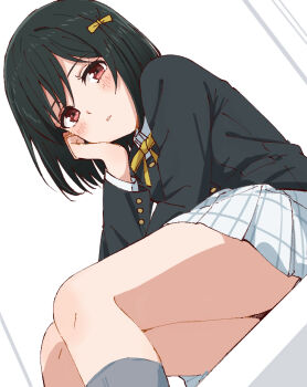 1girl black_hair black_jacket blush closed_mouth collared_shirt from_below hair_ribbon head_on_hand jacket long_sleeves looking_at_viewer love_live! love_live!_nijigasaki_high_school_idol_club mifune_shioriko miniskirt neck_ribbon nijigasaki_school_uniform plaid_clothes plaid_skirt pleated_skirt red_eyes ribbon school_uniform shirt short_hair sitting skirt skt_(ryxxxxx) solo thighs white_shirt white_skirt winter_uniform yellow_ribbon