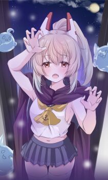 1girl absurdres anchor_symbol animal_ears arm_up armpits ascot ayanami_(azur_lane) ayanami_(covert_ops_cloak)_(azur_lane) azur_lane baby_animal bandaged_leg bandages bare_arms bird black_cloak blonde_hair blue_sailor_collar blue_skirt blush breasts cat cat_ears chick claw_pose cloak cloud commentary_request cowboy_shot crop_top fang full_moon ghost hair_between_eyes halloween headgear high_ponytail highres light_particles long_hair looking_at_viewer manjuu_(azur_lane) meowfficer_(azur_lane) midriff mikuchi3939 moon navel night night_sky official_alternate_costume open_mouth orange_eyes pleated_skirt ponytail railing sailor_collar school_uniform serafuku shirt sideboob sidelocks single_thighhigh skin_fang skindentation skirt sky sleeveless sleeveless_shirt standing star_(sky) thighhighs white_shirt white_thighhighs window yellow_ascot zettai_ryouiki