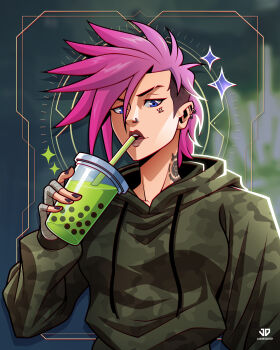 Rule 34 | 1girl, absurdres, arcane: league of legends, arcane vi, artist name, asymmetrical hair, bandaged hand, bandages, black nails, blue eyes, breasts, brown lips, bubble tea, camouflage, camouflage hoodie, cup, drinking straw, earrings, face piercing, facial tattoo, hair between eyes, highres, holding, holding cup, hood, hood down, hoodie, james diato, jewelry, league of legends, looking at viewer, medium breasts, multiple earrings, nail polish, neck tattoo, nose piercing, nose ring, parted lips, piercing, pink hair, short hair, sidecut, solo, tattoo, undercut, upper body, vi (league of legends)