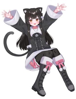 1girl absurdres animal_ears bell black_boots black_bow black_hair black_jacket boots bow brown_eyes cat_ears cat_girl cat_tail collared_jacket highres jacket long_hair long_sleeves open_mouth original outstretched_arms pink_bow pocari_(sq551) simple_background solo spread_arms tail vrchat white_background white_bow
