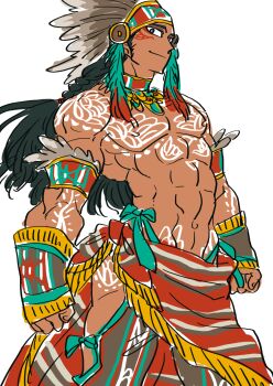 1boy black_hair dark-skinned_male dark_skin headdress male_focus muscular muscular_male native_american native_american_headdress original ponytail solo tarousanlove1 toned toned_male white_background