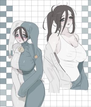 1girl bare_shoulders bell black_hair blue_eyes blush breasts checkered_background checkered_clothes checkered_scarf cleavage colored_skin covered_erect_nipples eeeeee03714610 hair_between_eyes hat highres hood hood_up jacket jester jester_cap jester_costume large_breasts lipstick long_hair looking_at_viewer makeup multiple_views off-shoulder_jacket off-shoulder_sweater off_shoulder open_mouth original pants parted_lips ponytail scarf shy sleeveless standing sweat sweatdrop sweater tank_top tile_floor tile_wall tiles very_long_hair white_skin