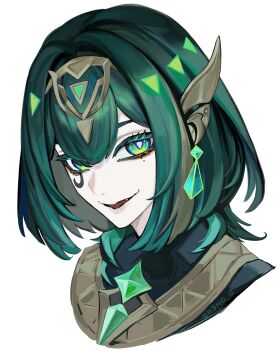 1girl black_leotard ear_piercing earrings eye_tattoo fang genshin_impact green_eyes green_hair hair_ornament highres jewelry leotard looking_at_viewer nefer_(genshin_impact) open_mouth piercing portrait r3ng_g short_hair smile solo tattoo tongue white_background