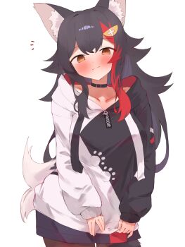 1girl absurdres animal_ear_fluff animal_ears black_collar black_hair black_hoodie black_pantyhose black_shorts blush collar collarbone dot_nose double-parted_bangs hair_ornament hairclip highres hololive hood hood_down hoodie long_hair looking_at_viewer multicolored_hair multicolored_hoodie notice_lines official_alternate_costume ookami_mio ookami_mio_(hoodie) orange_eyes pantyhose pantyhose_under_shorts paw_print paw_print_pattern red_streaks shorts sidelocks simple_background smile solo streaked_hair tail tepenchi two-tone_hoodie virtual_youtuber white_background white_hoodie wolf_ears wolf_girl wolf_tail