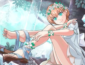 1girl arcadia_gwsns72 bare_legs brown_sandals closed_mouth commentary dress flower flower_wreath full_body head_wreath highres hinoshita_kaho in_tree link!_like!_love_live! love_live! official_alternate_costume official_alternate_hairstyle orange_hair prism_echo_(love_live!) sandals short_dress short_hair signature single_bare_foot single_sandal sitting sitting_in_tree smile soles solo toes tree unworn_sandals virtual_youtuber white_dress white_flower