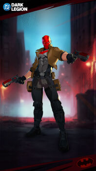 1boy bat_signal batman_(series) batman_symbol black_bodysuit black_gloves black_hair bodysuit brown_jacket dc:_dark_legion dc_comics dual_wielding gloves grey_bodysuit gun highres holding holding_gun holding_weapon jacket jason_todd male_focus mask multicolored_bodysuit muscular muscular_male official_art open_clothes pants red_hood_(dc) red_hood_and_the_outlaws red_mask short_hair superhero_costume taut_bodysuit two-tone_bodysuit weapon