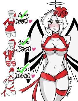 1girl alternate_costume angel_wings blush breasts commentary cowboy_shot english_commentary groin hair_ribbon halo hat hazbin_hotel heart hellaverse highres jes_sicajerr large_breasts leotard lute_(hazbin_hotel) naked_ribbon navel orange_eyes red_hat red_leotard red_ribbon red_thighhighs ribbon santa_costume shiny_skin short_hair striped_clothes striped_thighhighs thighhighs twitter_strip_game white_hair white_thighhighs wings