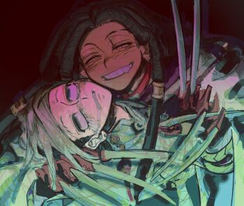 2boys black_background blonde_hair brown_hair claw_(weapon) dd_sar76105 dreadlocks fainted gachiakuta grey_jacket grin hair_tubes jabber_wonger jacket long_hair looking_at_viewer multicolored_hair multiple_boys narrowed_eyes open_mouth parted_lips simple_background smile two-tone_hair undercut very_long_hair weapon white_jacket zanka_nijiku